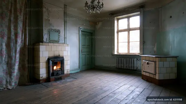 Abandoned room with fireplace and window in old building