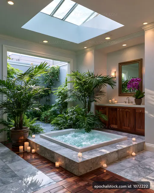Indoor spa with hot tub and plants in bright room