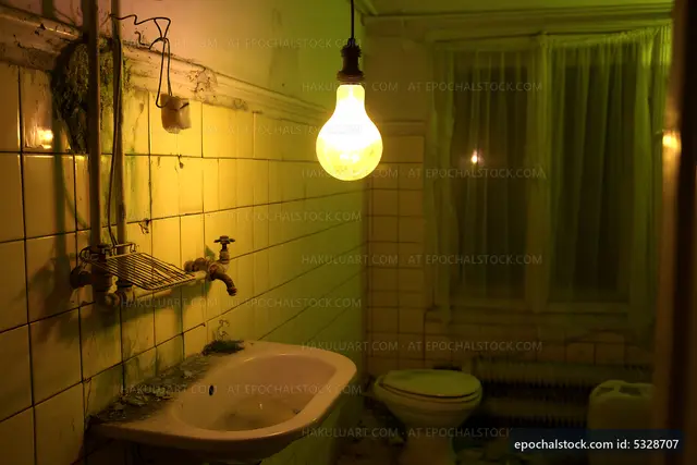 Old bathroom with a yellow light bulb and damaged tiles