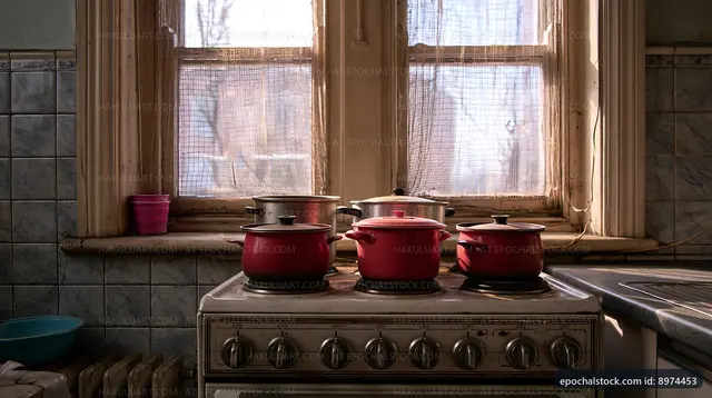 Cooks pots lined on stove under natural light in kitchen