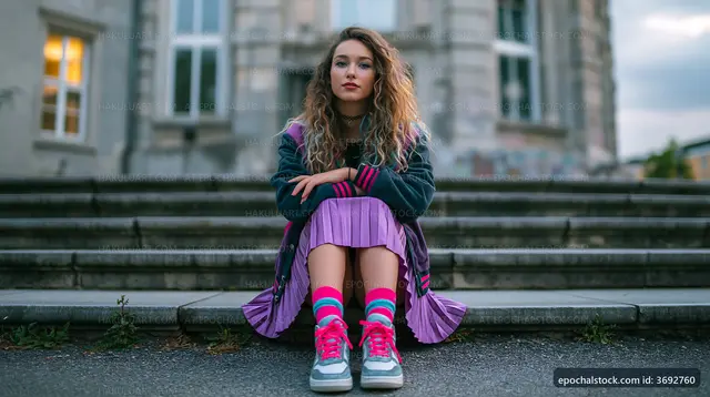 Young woman sitting on stairs in casual outfit