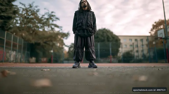 Young man standing on a playground looking up at the sky