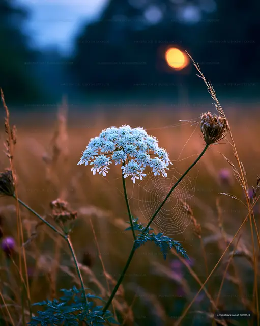 Wildflower in a field at sunset with spider web