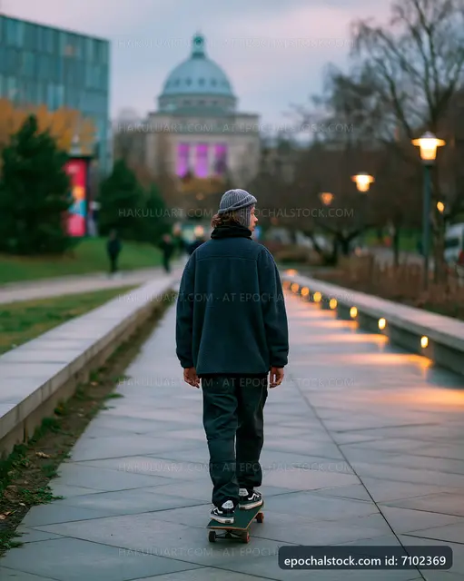 Skateboarder rides through city park during twilight hours
