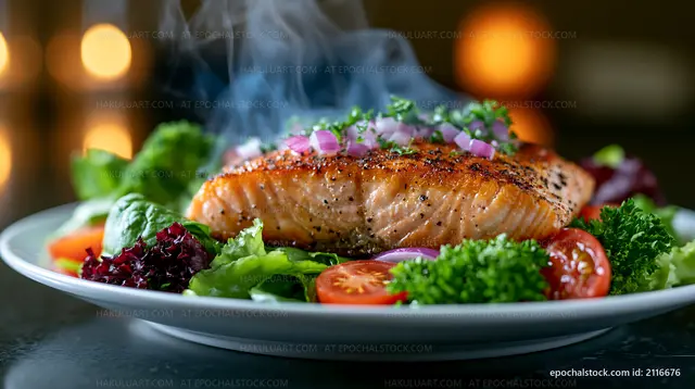 Cooked salmon on a plate with vegetables and herbs