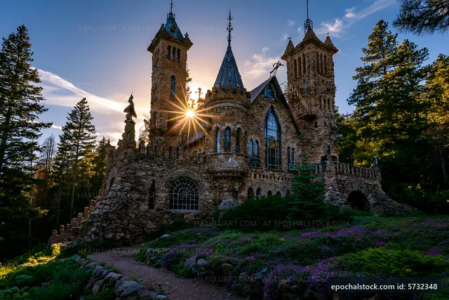 Sunlight shining through a stone castle surrounded by trees