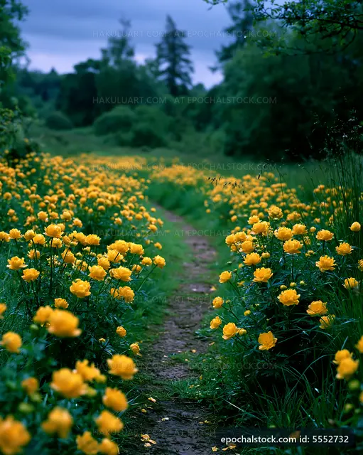 Path through yellow flowers in a natural setting