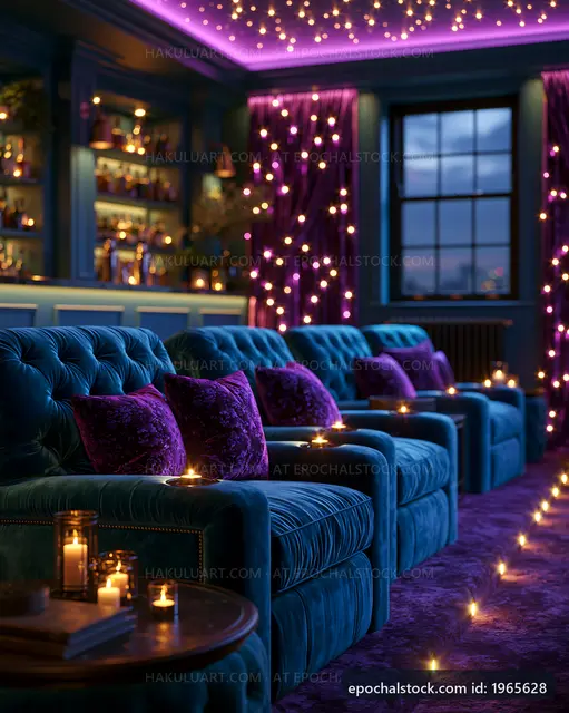 Cozy lounge with purple lighting and comfortable seating