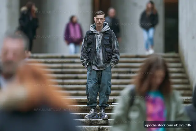 Young man standing on stairs in a busy urban setting