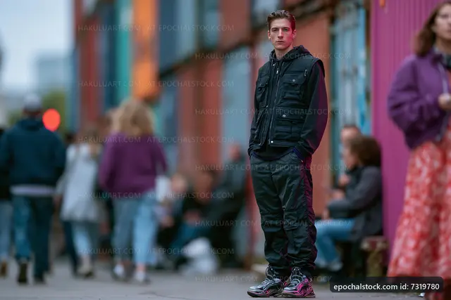 Young man stands on city street near people in casual clothing