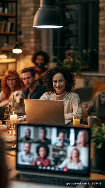 Group engaging in virtual meeting in cozy living room