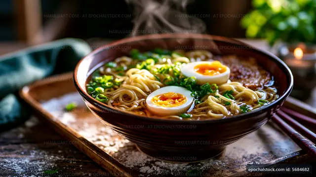 Noodle soup with egg and green onion in a bowl