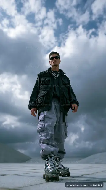 Person skating on rollerblades in urban setting under cloudy sky