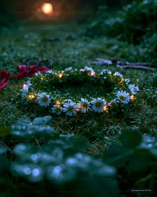 Flower crown with lights on grass in the evening forest