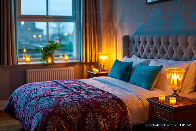 Cozy bedroom with warm lighting and decorative elements