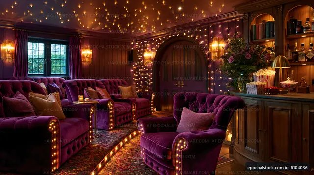 Cozy home theater with plush seating and warm lighting