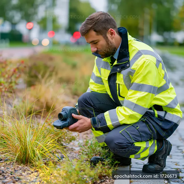 Man in safety gear taking pictures of plants in urban area
