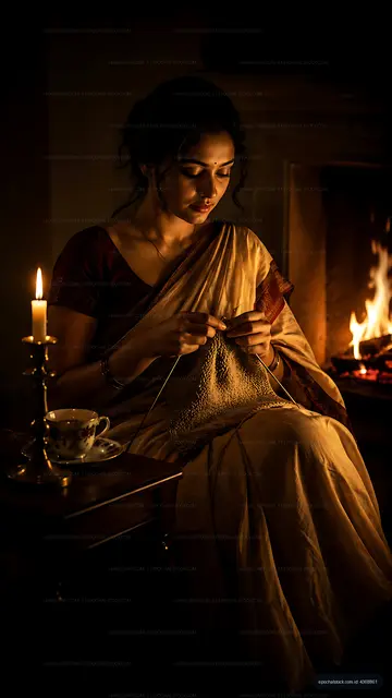 Woman knitting by candlelight near a fireplace