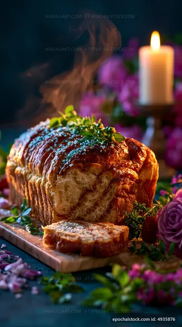 Freshly baked bread with herbs and flowers on a wooden table