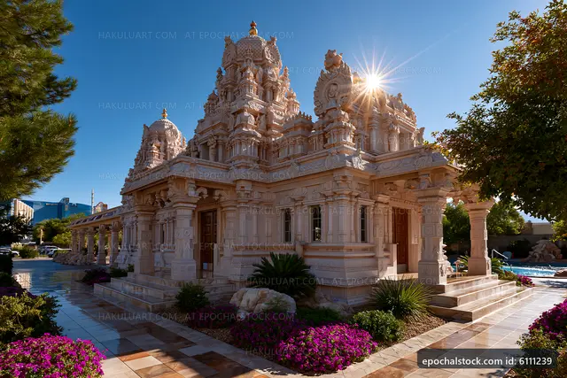 Hindu temple building with intricate stone carvings in sunlight