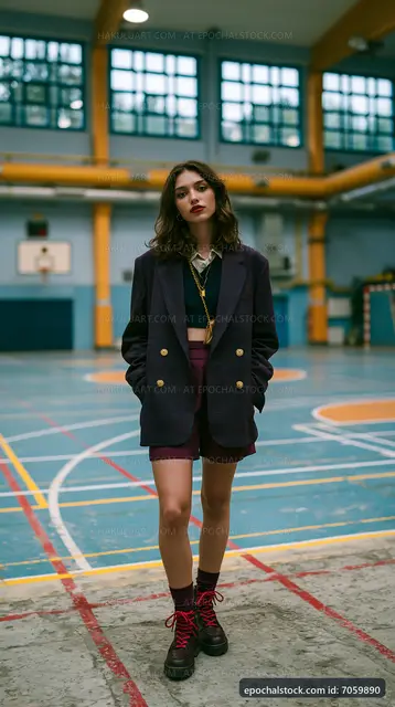 Young woman standing in gym with basketball court background