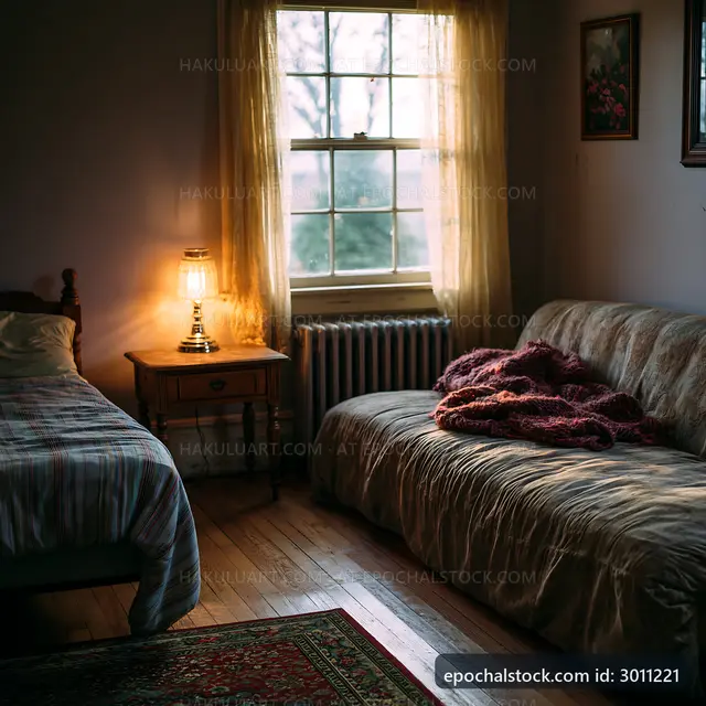 Cozy room with vintage furniture and soft lighting