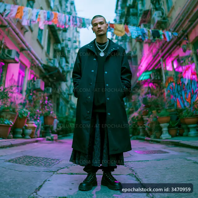 Young man standing in urban alley with colorful background