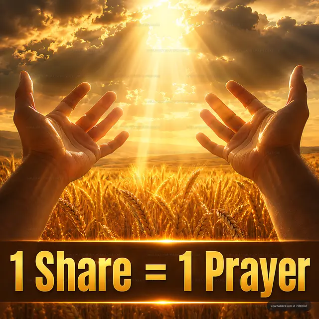 Hands raised in a field under sunlight with message about prayer