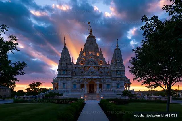 Sunset over a large stone temple with intricate design