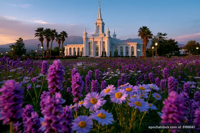 Flower garden with temple at sunset in a serene landscape