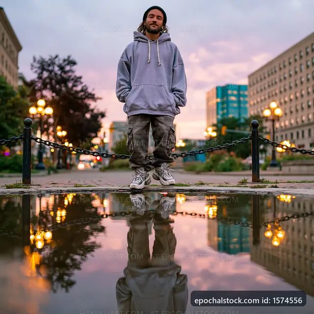 Man standing by a puddle reflecting city buildings at sunset