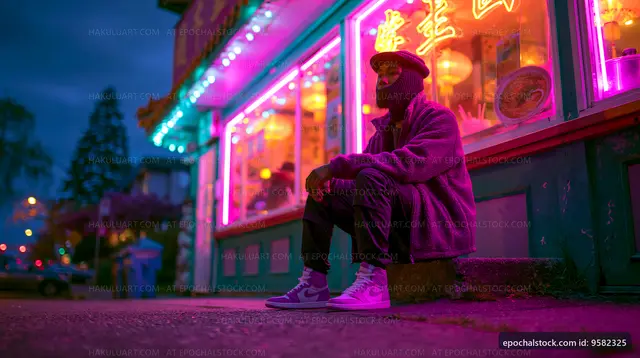Person sitting outside a neon-lit restaurant at night