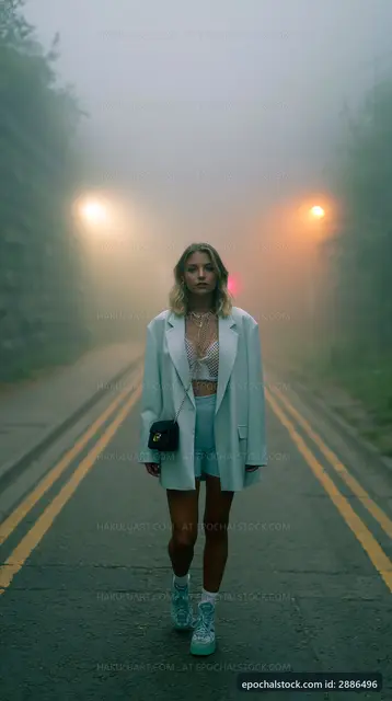 Woman walking in fog on a city street at dusk