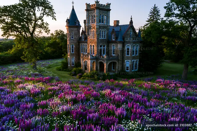 Historic building surrounded by colorful flower field at sunset