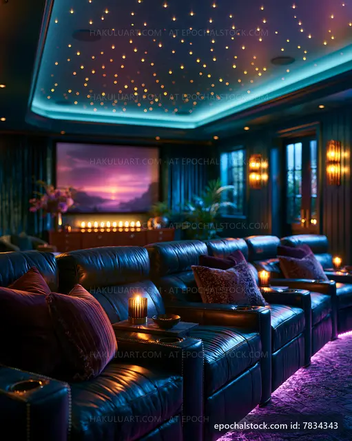 Cozy home theater with starry ceiling and leather seating