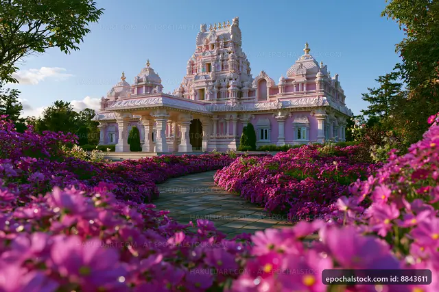 Colorful temple with flowers in garden during daytime