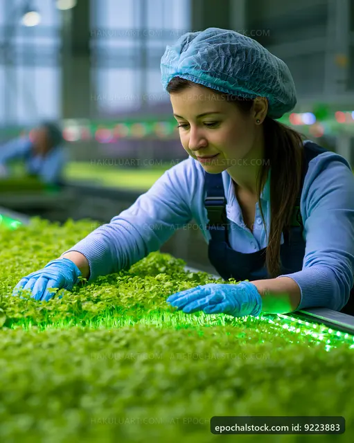 Woman working with fresh seedlings in a modern greenhouse