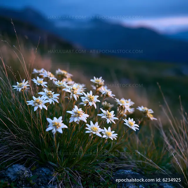 White flowers growing on rocky ground at dusk