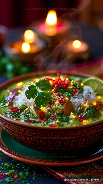 Warm curry with rice and herbs served in a decorative bowl