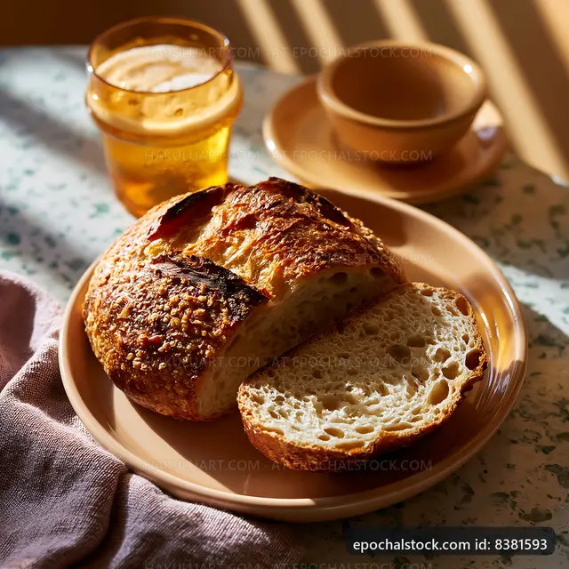 Freshly baked bread on a plate with drinks on a table