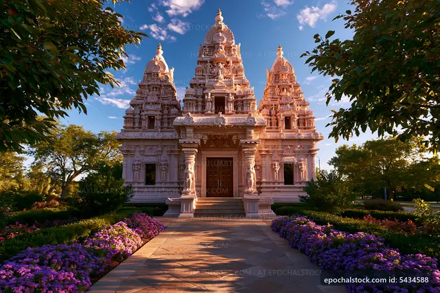 Sunset view of a Hindu temple surrounded by gardens