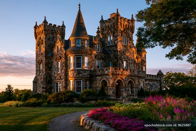 Historic stone castle at sunset with vibrant flower garden