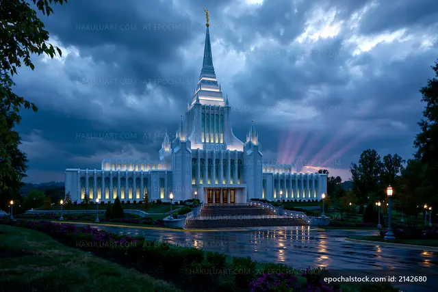 White temple building under a cloudy sky during evening