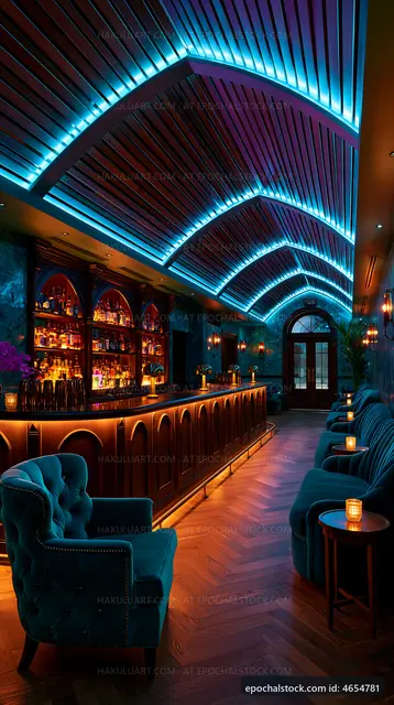 Elegant bar interior with blue lighting in a modern setting