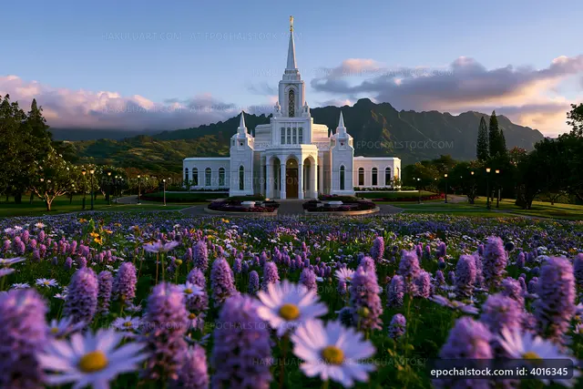 Building surrounded by flowers and mountains at sunset