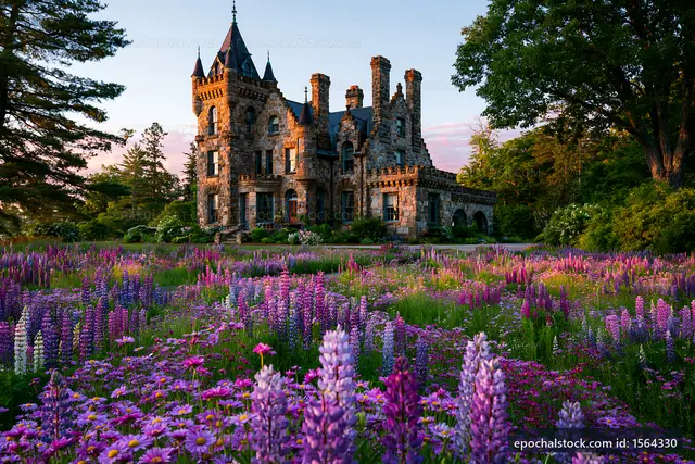 Stone mansion surrounded by colorful flowers in sunset light