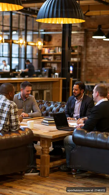 Business meeting in a modern office space with five men