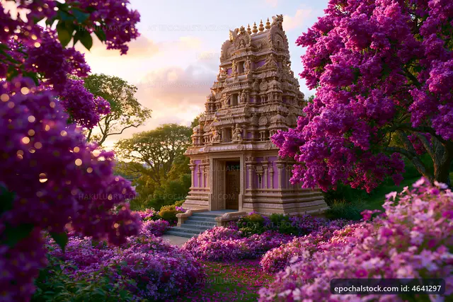 Colorful temple surrounded by flowers at sunset