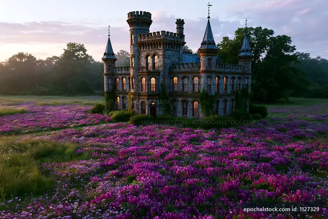 Castle surrounded by purple flowers at sunrise