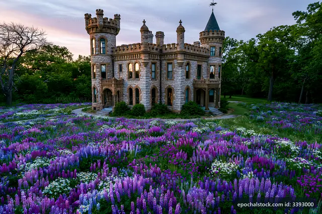 Castle surrounded by colorful flowers during sunset